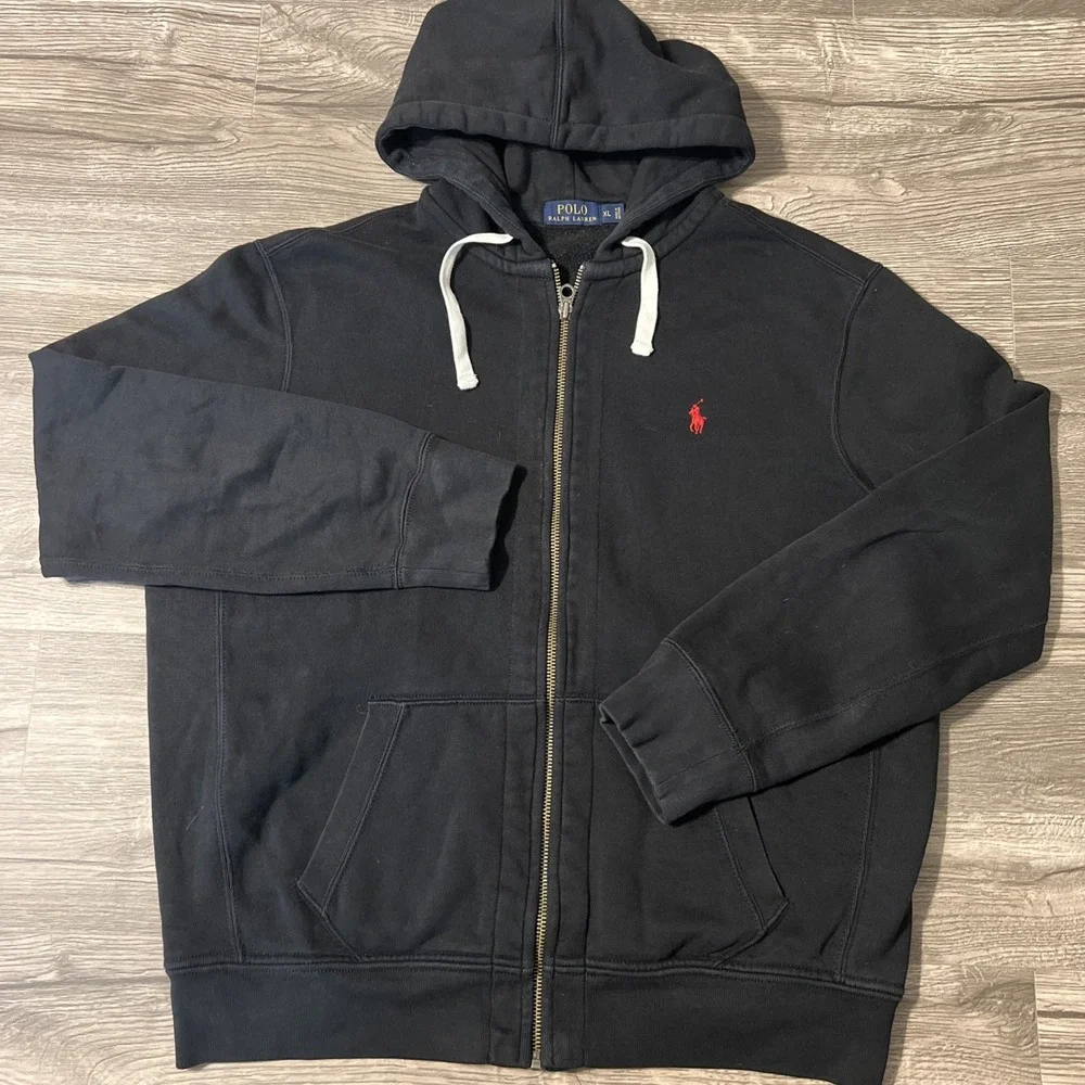 Polo Ralph Lauren Full Zip Fleece Lined Hooded Black Sweatshirt Size XL